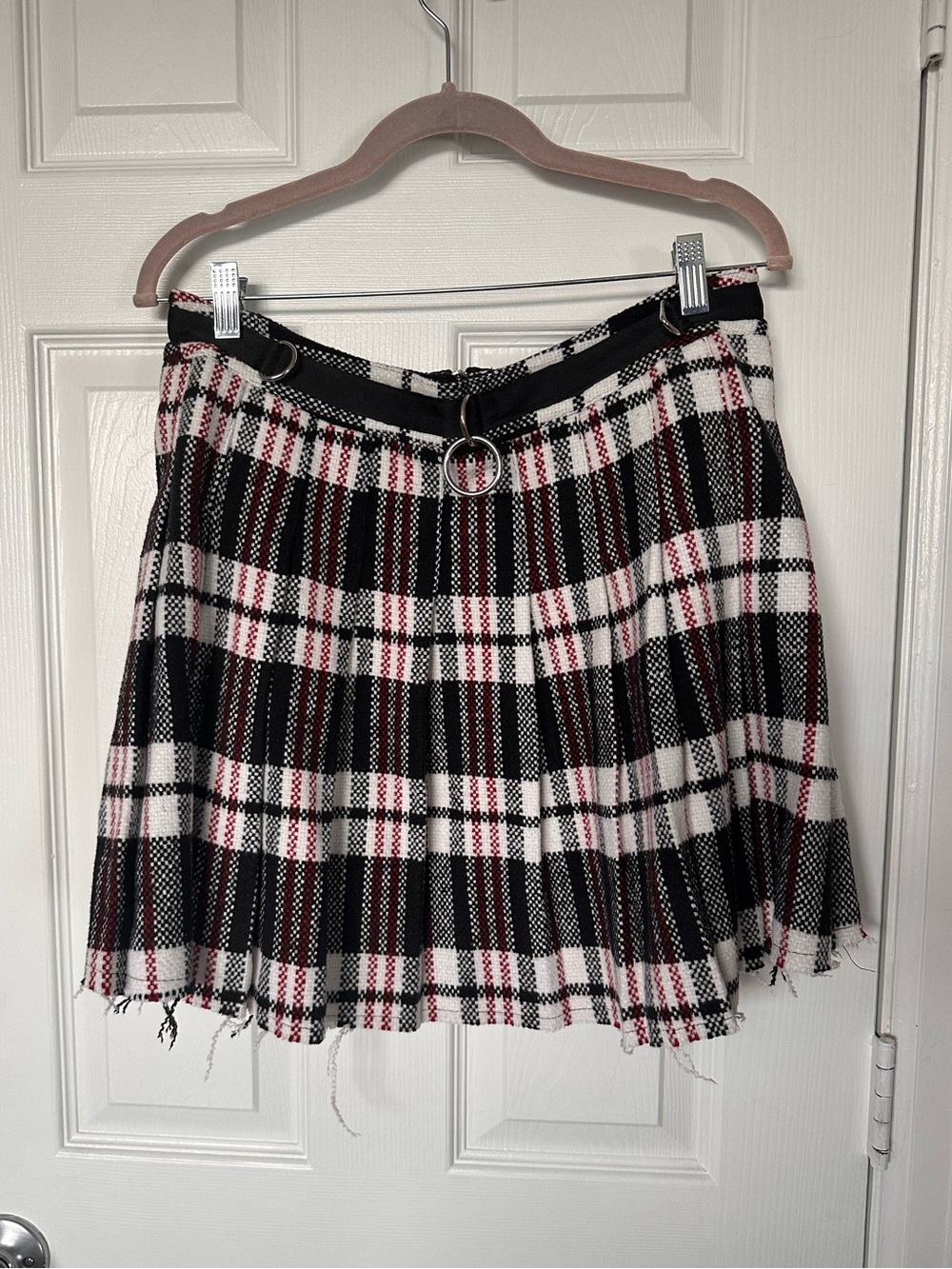Plaid Pleated Mini Skirt with Distressed Hem